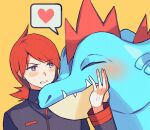  1boy bangs blush commentary_request cowlick feraligatr grey_eyes hand_up heart jacket kinomi_3030 long_hair long_sleeves male_focus pokemon pokemon_(creature) pokemon_(game) pokemon_hgss red_hair silver_(pokemon) spoken_heart yellow_background 