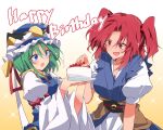  2girls :d :o blue_eyes blue_headwear cake food frilled_hat frills gradient gradient_background green_eyes green_hair happy_birthday hat highres ichimura_kanata juliet_sleeves long_sleeves looking_at_viewer multiple_girls onozuka_komachi open_mouth puffy_short_sleeves puffy_sleeves red_eyes red_hair shiki_eiki short_hair short_sleeves smile touhou yellow_background 