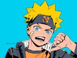  1boy bandaid bandaid_on_face blonde_hair blue_background blue_eyes blue_jacket clonion english_commentary facial_mark fangs headband instagram_username jacket konohagakure_symbol long_sleeves looking_at_viewer male_focus naruto naruto_(series) open_mouth orange_shirt shirt solo thumbs_down upper_body uzumaki_naruto v-shaped_eyebrows whisker_markings 