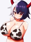 1girl animal_ears animal_print bikini breasts cow_ears cow_horns cow_print cow_tail from_above grey_background highres horns huge_breasts multicolored_hair red_eyes short_hair smile solo swimsuit tail touhou ushizaki_urumi xialu_zajin 