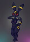  absurd_res anthro barefoot black_body breasts eeveelution feet female generation_2_pokemon genitals hi_res looking_at_viewer markings nebssik nintendo nipple_piercing nipples nude piercing pokemon pokemon_(species) pokemorph pussy red_eyes ring_(marking) smile solo umbreon video_games 