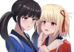  2girls bakkasu150 black_hair blonde_hair blue_kimono blush hair_ribbon hands_up inoue_takina japanese_clothes kimono looking_at_another lycoris_recoil multiple_girls nishikigi_chisato open_mouth purple_eyes red_kimono red_ribbon ribbon short_hair simple_background twintails upper_body white_background 