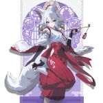  1girl absurdres animal_ears foot_out_of_frame fox_ears fox_girl fox_tail genshin_impact hair_between_eyes hakama hakama_skirt highres hip_vent holding holding_smoking_pipe japanese_clothes kitsune_saiguu leg_up looking_at_viewer pants qtian red_hakama red_pants skirt smoking_pipe solo standing standing_on_one_leg tail 