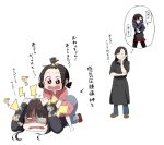  3girls apron arrow_(symbol) bangs black_apron black_hair black_shirt black_sweater blush closed_eyes closed_mouth eyepatch female_child hair_ornament izawa_(bhive003) komekko kono_subarashii_sekai_ni_shukufuku_wo! long_hair long_sleeves looking_at_another lying medical_eyepatch megumin mother_and_daughter multiple_girls on_person on_stomach open_mouth pants pink_skirt puffy_short_sleeves puffy_sleeves red_eyes shiny shiny_hair shirt short_hair short_sleeves siblings sisters skirt socks speech_bubble star_(symbol) star_hair_ornament sweater thought_bubble translation_request twintails yuiyui_(konosuba) 