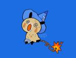  ambiguous_gender black_body blush bodily_fluids clothing cottonsprout fire generation_7_pokemon ghost ghost_costume halloween hat headgear headwear hi_res holidays mimikyu nintendo no_furry open_mouth pokemon pokemon_(species) saliva solo spiral_eyes spirit string video_games whiskers witch_hat 