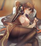  1girl antenna_hair arm_up bangs bed blush breasts brown_hair brown_pantyhose cleavage closed_mouth coat collarbone collared_shirt diamond-shaped_pupils diamond_(shape) earrings eyelashes genderswap genderswap_(mtf) genshin_impact gradient_hair hair_between_eyes jewelry large_breasts long_hair looking_at_viewer lying multicolored_hair on_side one_eye_closed open_clothes open_shirt orange_eyes orange_hair orange_nails pantyhose pillow red_eyeliner ritsu_(re710pngn) shiny shiny_hair shirt single_earring solo symbol-shaped_pupils tassel tassel_earrings thighband_pantyhose very_long_hair wing_collar zhongli_(genshin_impact) 