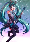  1girl black_sleeves commentary electric_guitar feet_out_of_frame green_eyes green_hair grey_shirt guitar hair_ornament hatsune_miku headphones headset holding holding_instrument instrument kinarin long_hair midair music necktie open_mouth playing_instrument shirt sky sleeveless sleeveless_shirt smile star_(sky) starry_sky thighhighs twintails very_long_hair vest vocaloid wide_sleeves 
