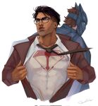  2boys artist_name bangs batman black-framed_eyewear black_cape black_hair black_necktie bodysuit brown_hair brown_jacket cape closed_mouth cropped_torso dark-skinned_male dark_skin dc_comics glasses grey_bodysuit highres jacket jayce_(league_of_legends) long_sleeves looking_to_the_side male_focus mask multiple_boys necktie nic_(attckher) open_clothes open_jacket open_shirt short_hair simple_background superman upper_body viktor_(league_of_legends) white_background 