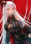  1girl absurdly_long_hair absurdres aegir_(azur_lane) arm_under_breasts azur_lane bare_shoulders black_cape black_gloves black_horns bodystocking breast_curtains breast_hold breasts cape clothing_cutout covered_navel cross cross-laced_clothes cross_earrings demon_horns earrings elbow_gloves gloves hair_on_horn hand_on_own_chest highres horns iron_cross jewelry large_breasts long_hair looking_at_viewer multicolored_hair navel_cutout red_hair slit_pupils streaked_hair tage_(tage1gg8) two-tone_hair underbust very_long_hair white_hair yellow_eyes 