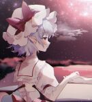  1girl bow half-closed_eyes hat hat_bow highres looking_ahead mob_cap night night_sky pointy_ears profile puffy_sleeves remilia_scarlet sky smile solo sorani_(kaeru0768) star_(sky) starry_sky touhou 