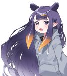  1girl :d animal_ears bangs blush brown_hair drawstring fang floating_hair gradient_hair grey_hoodie highres hololive hololive_english hood hood_down hoodie long_hair looking_at_viewer multicolored_hair ninomae_ina&#039;nis pointy_ears purple_eyes purple_hair simple_background smile solo tosyeo upper_body very_long_hair virtual_youtuber white_background 