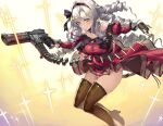  1girl black_gloves black_hairband breasts brown_thighhighs closed_mouth commentary_request detached_sleeves dress drill_hair gloves gun hair_between_eyes hair_ornament hairband holding holding_gun holding_weapon hyakumantenbara_salome large_breasts long_hair looking_at_viewer nijisanji nishii_(nitroplus) red_dress red_sleeves smile solo thighhighs thighs virtual_youtuber weapon white_hair 