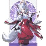  1girl animal_ears foot_out_of_frame fox_ears fox_tail hakama hakama_skirt highres hip_vent japanese_clothes looking_at_viewer original pants qtian red_hakama red_pants skirt solo standing standing_on_one_leg tail 