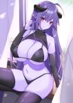  1girl absurdres arunira bangs bare_shoulders black_bra black_panties blush bra breasts brll cleavage closed_mouth colored_skin demon_girl demon_horns hand_up highres horns large_breasts long_hair looking_at_viewer navel original panties pointy_ears purple_hair purple_skin purple_thighhighs red_eyes sideboob skindentation smile solo thighhighs thighs underboob underwear 