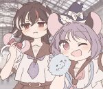  2girls animal_ears bangs black_hair blue_headwear blurry blurry_background blush commentary_request dot_nose fake_animal_ears hair_between_eyes hat holding horns kijin_seija long_hair looking_at_viewer mini_hat mouse_ears multicolored_hair multiple_girls neckerchief one_eye_closed open_mouth photo_background purple_hair purple_neckerchief red_eyes red_sailor_collar red_skirt sailor_collar sailor_shirt sakurasaka shirt short_sleeves skirt slit_pupils smile standing streaked_hair sukuna_shinmyoumaru touhou unmoving_pattern upper_body white_shirt witch_hat 