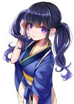  1girl awata_mokane black_hair breasts closed_mouth commentary_request furisode hand_up inoue_takina japanese_clothes kimono long_hair looking_at_viewer lycoris_recoil purple_eyes simple_background small_breasts solo twintails upper_body white_background 