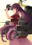  1girl closed_mouth from_side gradient gradient_background hair_ribbon hakama highres japanese_clothes kamikaze_(kancolle) kantai_collection kimono long_hair machinery meiji_schoolgirl_uniform pink_hakama purple_eyes purple_hair red_kimono ribbon rigging short_sleeves smokestack solo tomoyo_kai turret upper_body yellow_ribbon 