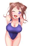  1girl arms_behind_back bang_dream! bare_shoulders blue_one-piece_swimsuit blush breasts brown_hair cleavage collarbone competition_swimsuit cone_hair_bun covered_navel cowboy_shot hair_bun highleg highleg_swimsuit highres large_breasts leaning_forward looking_at_viewer one-piece_swimsuit one_eye_closed open_mouth poposukii purple_eyes sidelocks simple_background solo swimsuit thigh_gap toyama_kasumi white_background 