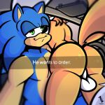  anthro balls big_butt butt canid canine car duo eulipotyphlan fox genitals he_wants_to_order hedgehog hi_res male male/male mammal meme miles_prower sega smile smirk smug snapchat sonic_the_hedgehog sonic_the_hedgehog_(series) taillove_(artist) thick_thighs vehicle 