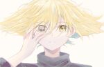  1boy blonde_hair hair_between_eyes hand_up heterochromia highres male_focus messy_hair nukumori_mashu parted_lips portrait pppppp simple_background solo sonoda_lucky symbol-shaped_pupils white_background yellow_eyes 