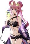 1girl animal_ears arknights bangs bare_shoulders bikini black_bikini black_choker black_shorts breasts choker cleavage collarbone commentary cowboy_shot cup cutoffs drinking_glass eyewear_on_head hair_between_eyes highres holding holding_cup iwashi_80 jacket jewelry large_breasts lin_yuhsia_(arknights) long_hair long_sleeves looking_at_viewer micro_shorts mouse_ears navel necklace off_shoulder official_alternate_costume pink_hair purple_eyes purple_jacket see-through shorts simple_background solo standing stomach sunglasses swimsuit symbol-only_commentary thighs very_long_hair white_background 