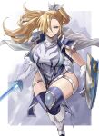  1girl absurdres armor blonde_hair blue_eyes duel_monster gauntlets greaves highres holding holding_sword holding_weapon kataku_musou knight medieval pelvic_curtain ponytail shield shoulder_armor silent_paladin sword tunic weapon white_tunic yu-gi-oh! 