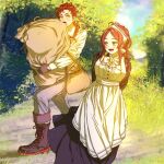  1boy 1girl aisha_greyrat ars_greyrat artist_request aunt_and_nephew breasts carrying day gloves grass highres large_breasts long_hair looking_at_another maid medium_hair mushoku_tensei open_mouth outdoors red_hair sky smile standing sunlight tree yellow_eyes 