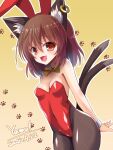  1girl animal_ears bare_shoulders bow bowtie breasts brown_hair cat_ears cat_tail chen detached_collar ear_piercing earrings fake_animal_ears fishnets highres jewelry leotard multiple_tails nekomata open_mouth orange_background pantyhose piercing playboy_bunny rabbit_ears single_earring solo strapless tail touhou two_tails wrist_cuffs yamu_(reverse_noise) 