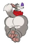  2021 anthro big_butt bottom_heavy bottomless bottomless_anthro bottomless_male butt canid canine canis chip_the_wolf chubby_anthro chubby_male clothed clothing cookie_crisp fangs fur grey_body grey_fur half-closed_eyes hi_res jiggling jiggling_butt looking_at_viewer looking_back male mammal motion_lines narrowed_eyes paws presenting presenting_hindquarters puckered_lips raised_tail rear_view red_clothing red_shirt red_topwear remmyfox shirt slightly_chubby solo topwear wolf 