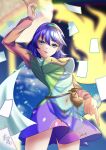  1girl blue_hair cape cloak cloud_print dress highres mononobe_kanako multicolored_clothes multicolored_dress multicolored_hairband orange_sleeves patchwork_clothes purple_eyes rainbow_gradient short_hair sky_print solo tenkyuu_chimata touhou two-sided_cape two-sided_fabric white_cape white_cloak yellow_bag yellow_sleeves zipper 