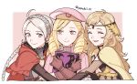  1boy 2girls absurdres ahoge bangs blonde_hair book braid capelet chest_harness circlet closed_eyes closed_mouth fire_emblem fire_emblem_fates forrest_(fire_emblem) girl_sandwich grey_eyes hairband harness highres holding holding_book hood hooded_capelet leather long_hair multiple_girls nina_(fire_emblem) open_mouth ophelia_(fire_emblem) peach11_01 sandwiched twin_braids 