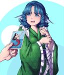  1girl blue_eyes blue_hair card collarbone curly_hair eyebrows_visible_through_hat floral_print green_kimono head_fins highres japanese_clothes kimono mefomefo mermaid monster_girl obi open_mouth sash short_hair spanish_text touhou translated wakasagihime yukata 