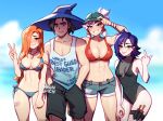  1boy 3girls :p abs bandaid bandaid_on_leg bangs bare_shoulders bikini black_hair black_one-piece_swimsuit blue_bikini blue_eyes blue_sky blush blushyspicy breasts character_request closed_mouth cloud cloudy_sky collarbone commentary cross day denim denim_shorts english_commentary facial_hair green_eyes green_headwear grey_shorts hair_between_eyes hair_ornament hair_over_one_eye hand_in_pocket hat jewelry kaye_(blushyspicy) knife long_hair looking_at_viewer medium_breasts medium_hair multiple_girls navel one-piece_swimsuit orange_hair original outdoors pendant purple_eyes purple_hair red_(blushy-pixy) red_bikini rogue_(spicyquest) shirt short_ponytail short_shorts shorts sidelocks sky sleeveless sleeveless_shirt smile standing stomach stubble sunlight sweat swimsuit thigh_strap tongue tongue_out v weapon white_hair white_shirt witch_hat 