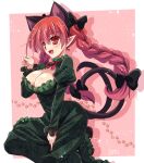  1girl animal_ears bangs black_ribbon braid breasts cat_ears cat_tail cleavage dress extra_ears fang green_dress hair_ribbon highres juliet_sleeves kaenbyou_rin large_breasts long_hair long_sleeves multiple_tails open_mouth paw_pose paw_print pointy_ears puffy_sleeves red_eyes red_hair red_ribbon ribbon smile solo tail touhou tress_ribbon twin_braids two_tails yamu_(reverse_noise) 