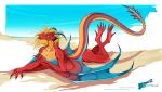  anthro beach black_horn blonde_hair blue_body blue_eyes blue_horn claws crossed_legs dragon eztli_(user_55) female hair hi_res horn hynvale light orange_body pinup pose raised_tail red_body relaxing scalie seaside simple_background sky smile solo sunlight sunny tail_motion tailwag western_dragon wings wyvern yellow_body 