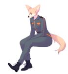  anthro big_ears boots clothing contemplating female footwear fur hi_res jumpsuit matthews(razumi) military military_uniform sitting solo stoic tail tan_body tan_fur uniform wasabitea 