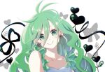  1girl bad_anatomy black_ribbon bow collarbone earrings eyelashes green_eyes green_hair hair_between_eyes heart jewelry long_hair mappy_(wfdj_k) otogami_mimin pppppp ribbon simple_background smile solo upper_body white_background 