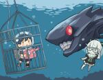  2girls abyssal_plum_princess abyssal_ship adapted_turret ahoge black_hair black_skirt cannon character_name commentary_request fish kantai_collection long_hair machinery multiple_girls pleated_skirt saiguchi_otoufu school_uniform serafuku shark_cage skirt turret underwater ushio_(kancolle) 