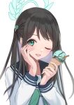  1girl airi_(blue_archive) bangs blue_archive blue_sailor_collar brown_hair food food-themed_hair_ornament frilled_skirt frills green_eyes green_ribbon hair_ornament highres holding holding_food ice_cream it_ai looking_at_viewer mint_chocolate_chip one_eye_closed open_mouth ribbon sailor_collar school_uniform shirt simple_background skirt solo upper_body white_background white_shirt white_skirt 