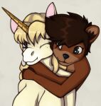  adora anthro blush duo embrace equid equine female horn horse hug keith lutrine male male/female mammal marsminer mustelid one_eye_closed simple_background unicorn 