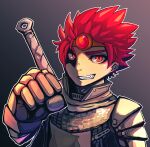  1boy armor chainmail circlet clenched_hand commentary_request gauntlets grey_background grin knight_(ragnarok_online) looking_at_viewer male_focus orange_eyes outline pauldrons ragnarok_online red_hair short_hair shoulder_armor smile solo upper_body white_outline yottur 
