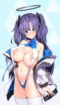  1girl bare_shoulders blue_eyes blush breasts copyright_request embarrassed halo highres huge_breasts jacket looking_at_viewer one-piece_swimsuit open_clothes open_jacket purple_hair simple_background solo swimsuit thighhighs thighs twintails white_thighhighs ysmmzr 