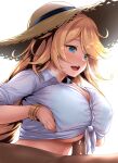  1boy 1girl bangs blonde_hair blue_eyes blush bracelet breast_squeeze breasts cleavage collared_shirt cum dress_shirt hat hetero highres jewelry large_breasts long_hair long_sleeves open_mouth paizuri paizuri_under_clothes penis shirt sleeves_rolled_up smile solo_focus straw_hat swept_bangs tied_shirt underboob uni8 white_shirt 