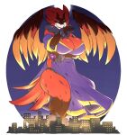  absurd_res anthro avian big_breasts bird black_sclera breasts ciraus_(davjo) city clothing european_mythology female gin-blade greek_mythology growth hi_res macro mythological_avian mythological_firebird mythology phoenix pink_eyes purple_clothing red_body simple_background solo thick_thighs wings 