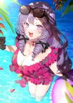  1girl asazuke25 breasts cleavage drill_hair eyewear_on_head gloves highres hyakumantenbara_salome large_breasts long_hair looking_at_viewer nijisanji one-piece_swimsuit open_mouth partially_submerged purple_eyes purple_hair solo sunglasses swimsuit symbol-shaped_pupils virtual_youtuber water 