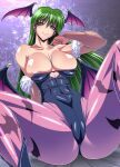  1girl animal_print areola_slip ass bangs bare_shoulders bat_print bat_wings black_leotard breasts bridal_gauntlets clothing_cutout collarbone commentary covered_navel covered_nipples demon_girl feather_trim fingernails green_eyes green_hair hamon_ai head_wings heart_cutout large_breasts leotard long_hair looking_at_viewer low_wings morrigan_aensland pantyhose pink_nails purple_pantyhose pussy skin_tight smile solo spread_legs vampire_(game) wings 