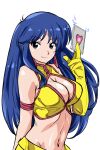  1girl arm_behind_back blue_eyes blue_hair breasts card cleavage dirty_pair gloves holding holding_card looking_at_viewer navel ohtado simple_background single_glove smile solo white_background yellow_gloves yuri_(dirty_pair) 