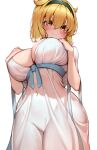  1girl animal_ears bangs blonde_hair blush breasts brown_eyes covered_navel curvy dog_ears dog_girl dress green_hairband hair_between_eyes hairband highres huge_breasts isekai_meikyuu_de_harem_wo kaptivate looking_at_viewer plump roxanne_(isekai_meikyuu_de_harem_wo) smile solo tagme white_background white_dress white_hair 