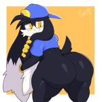  absurd_res anthro big_butt black_body black_fur blush bottomless butt clothed clothing domestic_cat felid feline felis fur hat headgear headwear hi_res huge_butt klonoa klonoa_(series) looking_at_viewer looking_back male mammal shirt smile thick_thighs topwear video_games virito yellow_eyes 