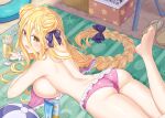  1girl ass backboob bare_back beach beach_towel bikini blonde_hair blush bow braid breasts cooler date_a_live double_bun drink frilled_bikini frills hair_between_eyes hair_bow hair_bun hoshimiya_mukuro large_breasts long_hair looking_back lotion low-tied_long_hair lying on_stomach open_mouth purple_bikini sandals single_braid smile solo strapless strapless_bikini sunscreen swimsuit thighs towel tsubasaki untied untied_bikini very_long_hair wristband yellow_eyes 